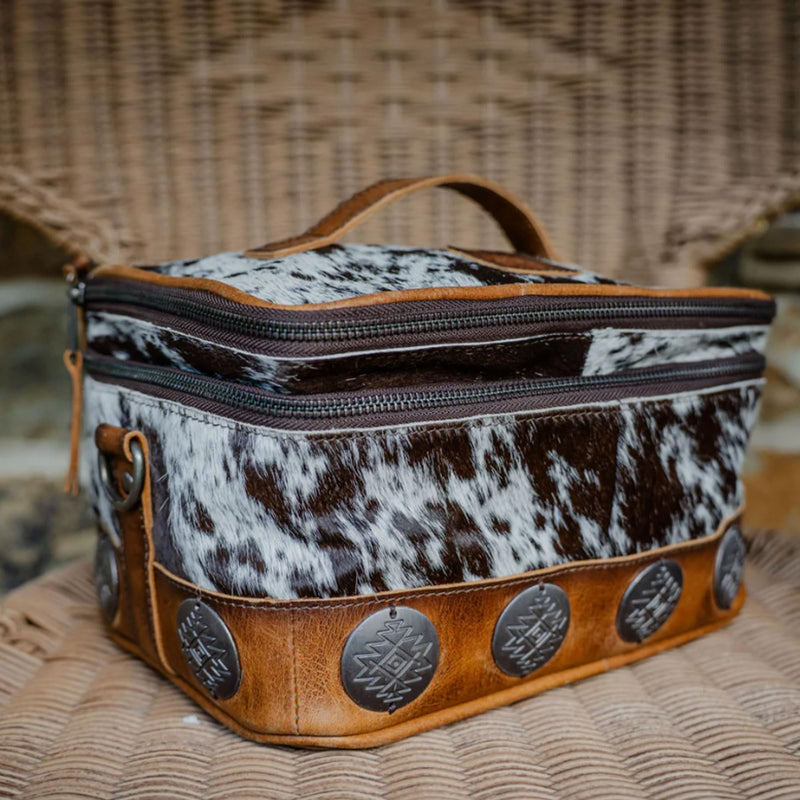 STS Ranchwear Vaquero Glamour STS-34330 Makeup Bag - Spacious Zip Around Unique Full Grain Leather Cowhide Cosmetic Organizer with 2 Compartments