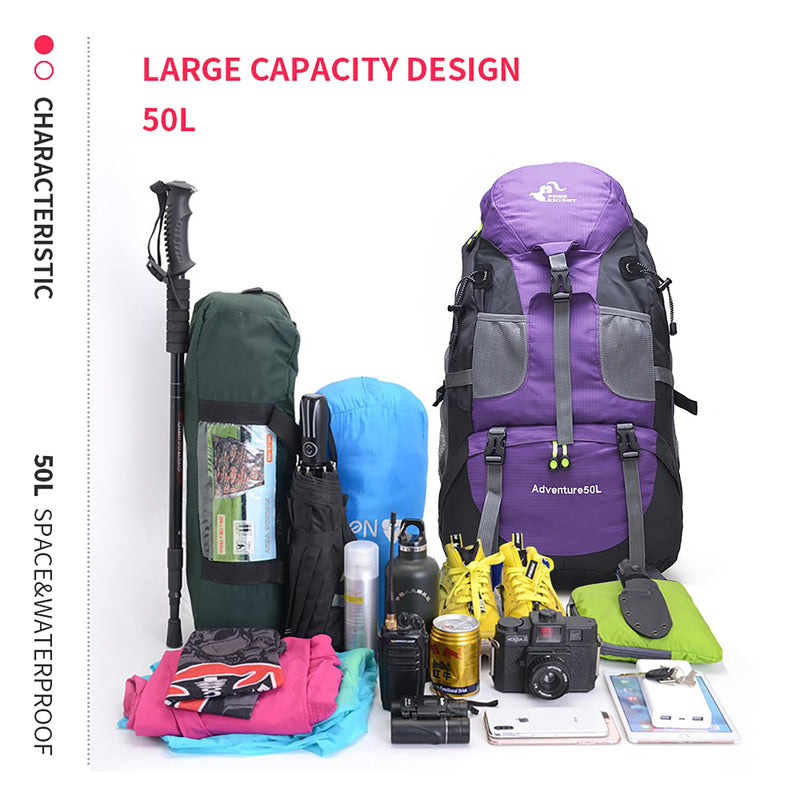 Bseash 50L Hiking Backpack, Water Resistant Lightweight Outdoor Sport Daypack Travel Bag for Camping Climbing Skiing Cycling (Purple - No Shoe Compartment)