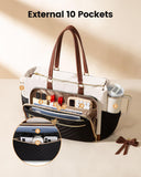 LOVEVOOK Lunch Bag, Tote Bag for Women with Insulated Lunch Compartment, Laptop Bag with Large Capacity & Cup Holder, Work Tote for Teacher, Nurse, Travel, College, Daily, Black-Beige-Brown, 17.3 Inch