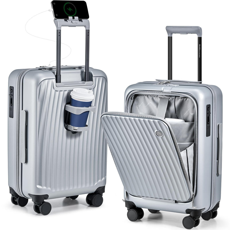 OIWAS 20 Inch Carry On Luggage, Front Pocket Carryon Suitcase with Phone Holder & Cup Holder, Airline Approved Hardshell Luggage with Double TSA Lock, USB Port, One-Click Brake, Silver