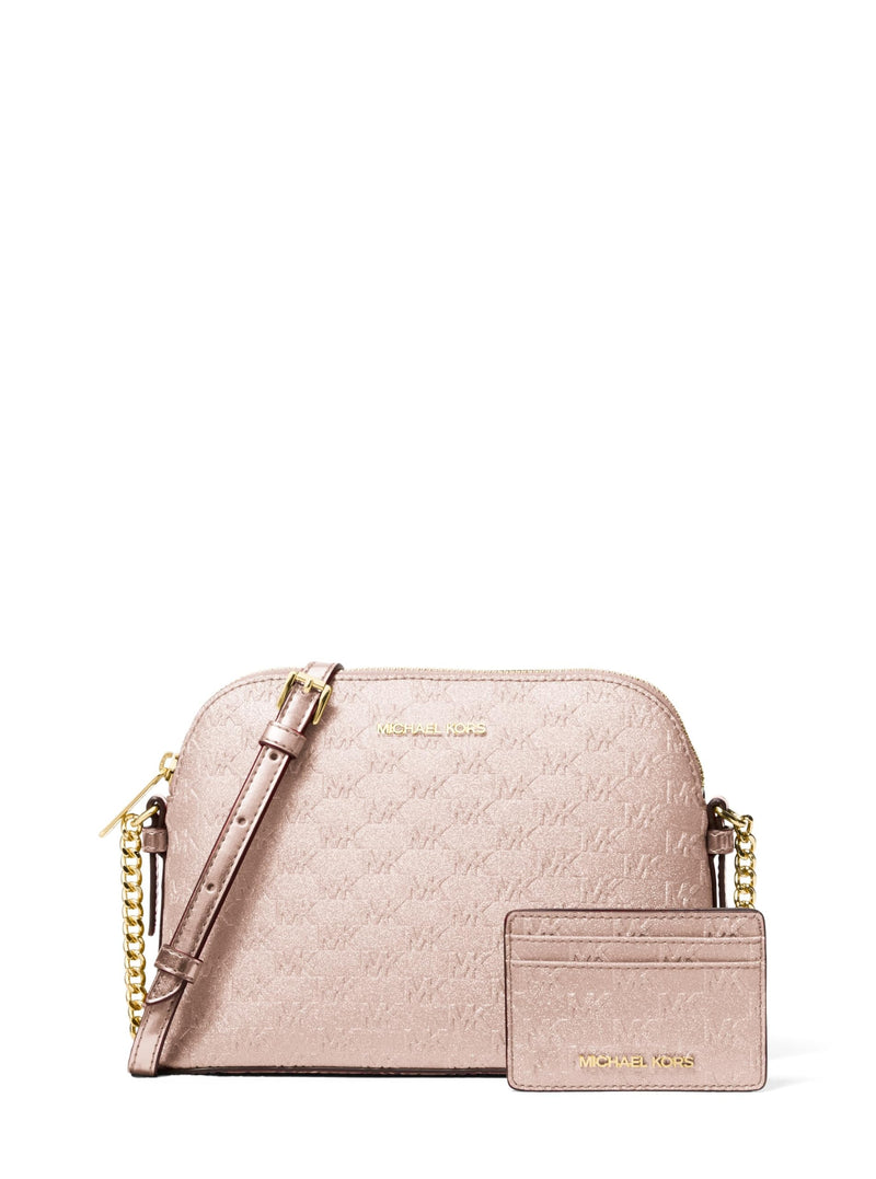 Michael Kors Jet Set Dome Crossbody With Card Case, Gold-Tone Hardware/MK Embossed Glitter/Ballet