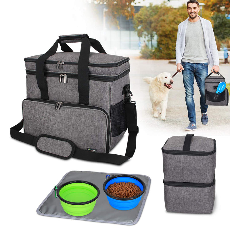 Teamoy Double Layer Dog Travel Bag, Dog Bag for Supplies with 2 Silicone Collapsible Bowls, 2 Food Carriers, 1 Water-Resistant Placemat, Pet Supplies Weekend Tote Organizer (Large, Gray)