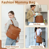miss fong Diaper Bag Backpack Baby Diaper Bag, Large Leather Diaper Bag Backpack with Changing Pad,Pañaleras Para Bebe for Moms, Stroller Straps, and 2 Insulated Pockets(Convertible, Brown)