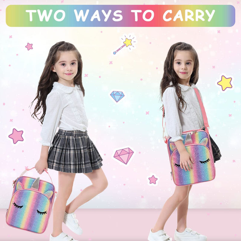 VASCHY Unicorn Lunch Box Bag for Kids, Insulated Reusable Glittery Lunchbox for Girls with Detachable Shoulder Strap for School Sparkle Unicorn
