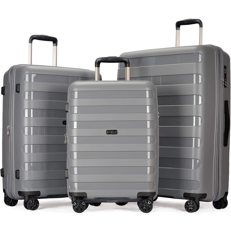GinzaTravel PP material 3-piece expandable luggage sets with Spinner Wheels， Suitcase with TSA Lock，Large Luggage for Family Travel carry on 20/24/28，Grey color