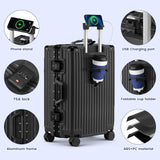 Faqy Z 20 Inch Carry On Suitcase, Aluminum Frame Zipperless Hard Shell Luggage with Spinner Wheels, TSA Lock, USB Charging Port, Phone Holder, Cup Holder for Business Travel and Trips, Black