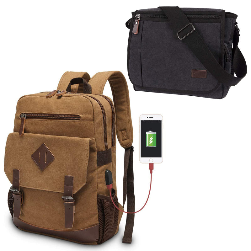 Canvas Backpack for Men Women, Vintage Rucksack Fits Most 15.6 Inch Laptop, Bookbag with USB Charging Port