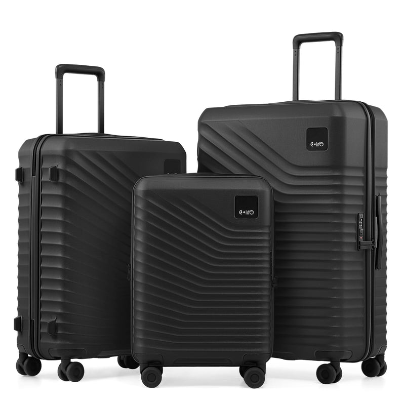 Coolife Luggage 3 Piece Set Durable Upgrade PC Expandable Hardside Lightweight Travel Suitcases with Dual Spinner Wheels & TSA Lock, 20/24/28 (20" Expandable) (Black, 3-Piece Set (20/24/28))