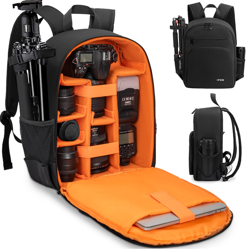 IPEB Camera Backpack for Photographers DSLR Camera Bag Professional Photography Case with 13.5 Inch Laptop Compartment & Tripod Holder Compatible for Sony Canon Nikon Black Orange