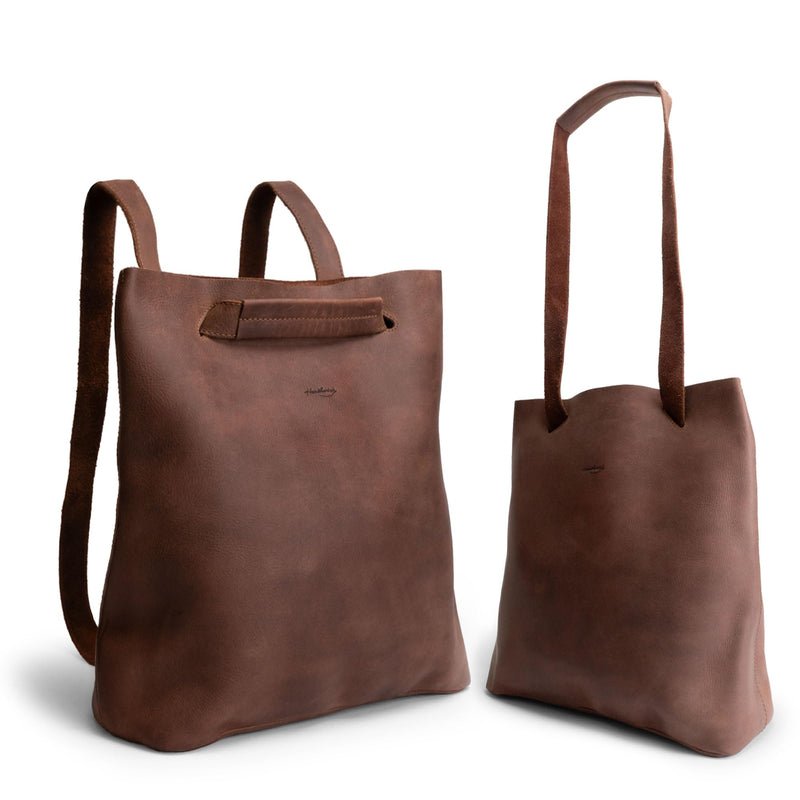 Heather's, Convertible Backpack to Shoulder Bag, Spacious Crossbody for Women, Squared Purse, Small Diaper Caddy, Commuting and Traveling, Full Grain Leather, Handmade, Bourbon Brown