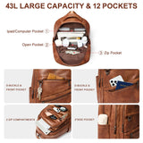 LATMAP 43L Backpack for Women Men - Vegan Leather Backpack Purse Travel Carry-on Bag College Bookbag Work fits 17" Laptop, Brown