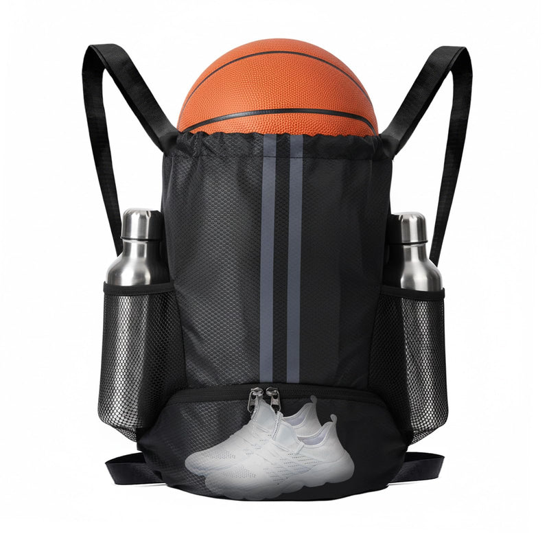 YEVOPOU Sports Drawstring Backpack with Shoes Compartment, String Gym Bag with Wet Proof Pocket for Basketball, Soccer, Swim, Black Sport Bag for Men and Women