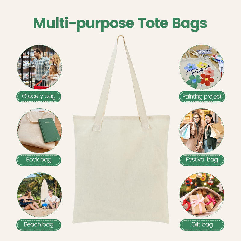Carbrea 12 Pack Canvas Tote Bag - Lightweight Thin Tote Bags Bulk Blank Shopping Reusable Grocery Bags for DIY Gift Sublimation Activity - Beige