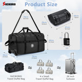 SUCIKORIO Foldable Travel Duffle Bag with Wheels and Handle Large 100L XL Rolling Travelling Duffel Bags Waterproof Oxford Carry On Hand Luggage Deployment Bag With Storage Bag & Combination Padlock
