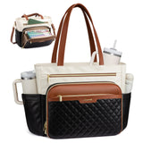 LOVEVOOK Teacher Tote Bag with Accordion File Pocket, Soft PU Leather Work Briefcase Quilted Laptop Bag with Large Cup Holder