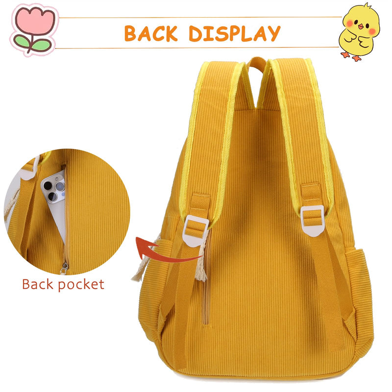 HuiLeo Cute Dcuk Backpack for Teens Girls Women, Kawaii Funny Aesthetic Corduroy Bookbag for High Middle School, Yellow