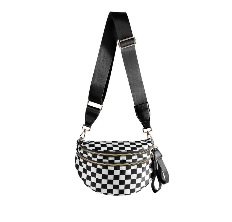Spacious Checkered Nylon Crossbody Bag Bum Bag Checkered Handbags Wallets for Women (black and white Checkered)