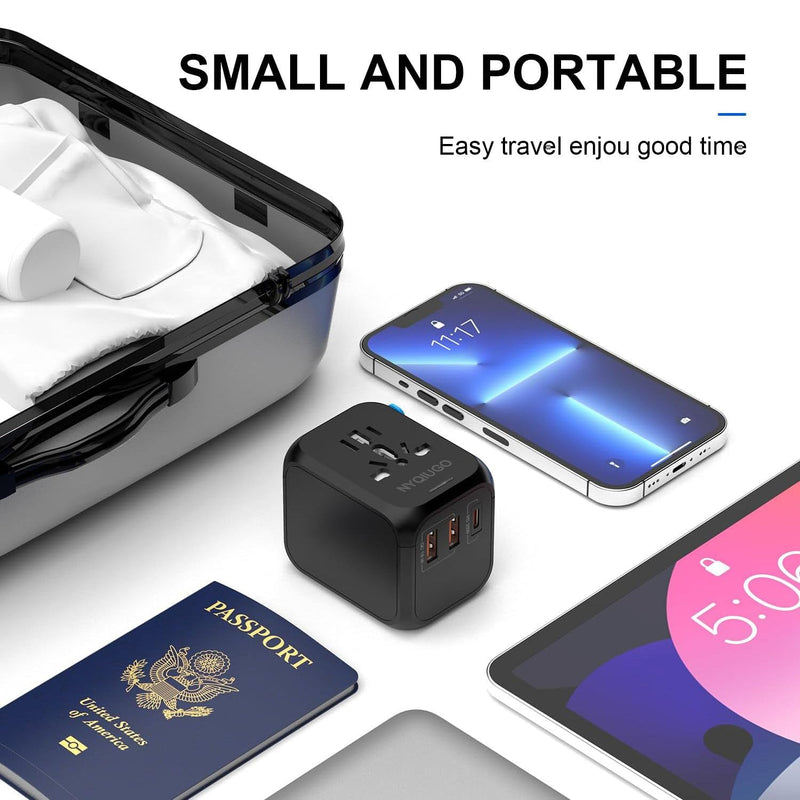 NYQIUGO Universal International Power Travel Plug Adapter with 3 USB Ports (1 USB C), Worldwide Plug Adaptor Wall Charger for USA to Europe UK France Germany Spain Ireland Australia (Type C/G/A/I)