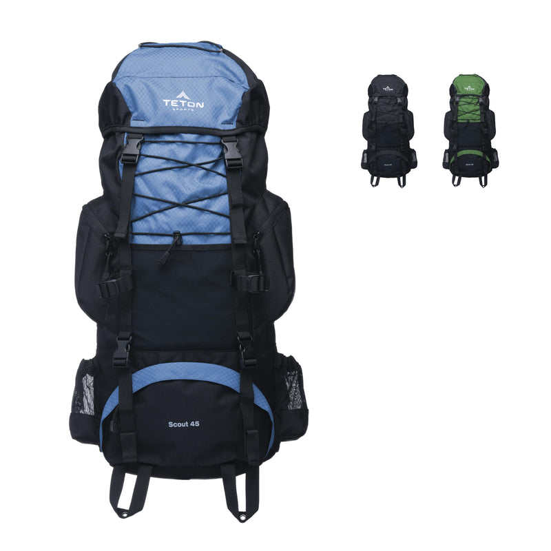 Teton 45L Scout Internal Frame Backpack for Hiking, Camping, Backpacking, Rain Cover Included, Bluejay