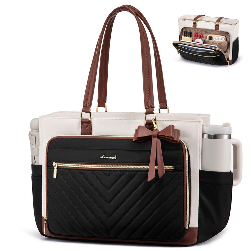 LOVEVOOK Teacher Tote Bag for Women, Work Laptop Bag Gift with Large Cup Holder, Quilted Nurse Bag Diaper Tote with Multi-Pockets, Large Computer Handbag Purse for Bussiness Travel, Office, College