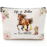 Sitsink Horse Stuff Gifts for Girls - Watercolor Floral Horse Makeup Bags Travel Accessories Small Pouch, Life is Better in the Saddle Horse Gifts for Women Birthday, Horse Lover Gifts Cosmetic Bags