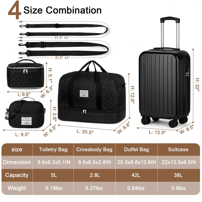 Yorige Luggage Sets for Women Men 4 Piece - Carry on Hardside Suitcase 20inch with USB Port, 360° Spinner Wheels, Duffel Bag, Cup Holder, Lightweight Luggage Set for Travel Vacation