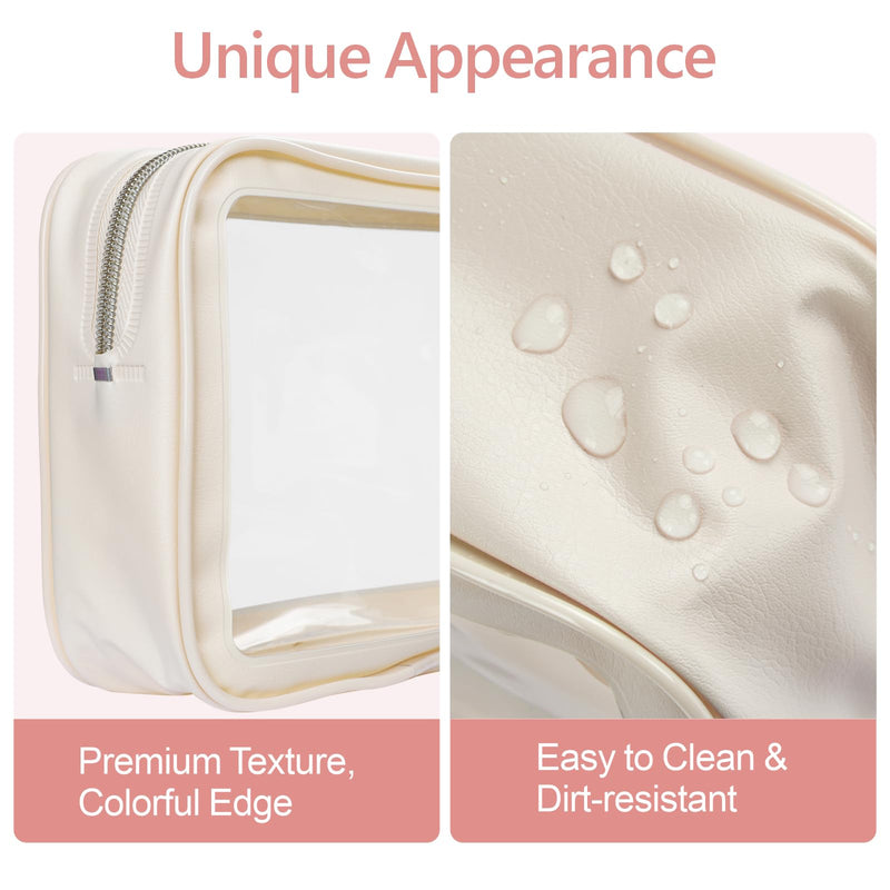 PACKISM Clear Makeup Bag 3 Pack Medium - Foldable TSA Approved Toiletry Bag Quart Size for Travel Bottles, Water Resistant Multipurpose Car Storage Organizer with Reinforced Seams, Beige
