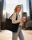 HOTOR Tote Bag for Women - Foldable Lightweight Tote Bags with Zipper, Large Shoulder Bag Top Handle Handbag Carry-On Bag for Travel, Shopping, Work, Black, 19.7" x 6.7" x 13.8"
