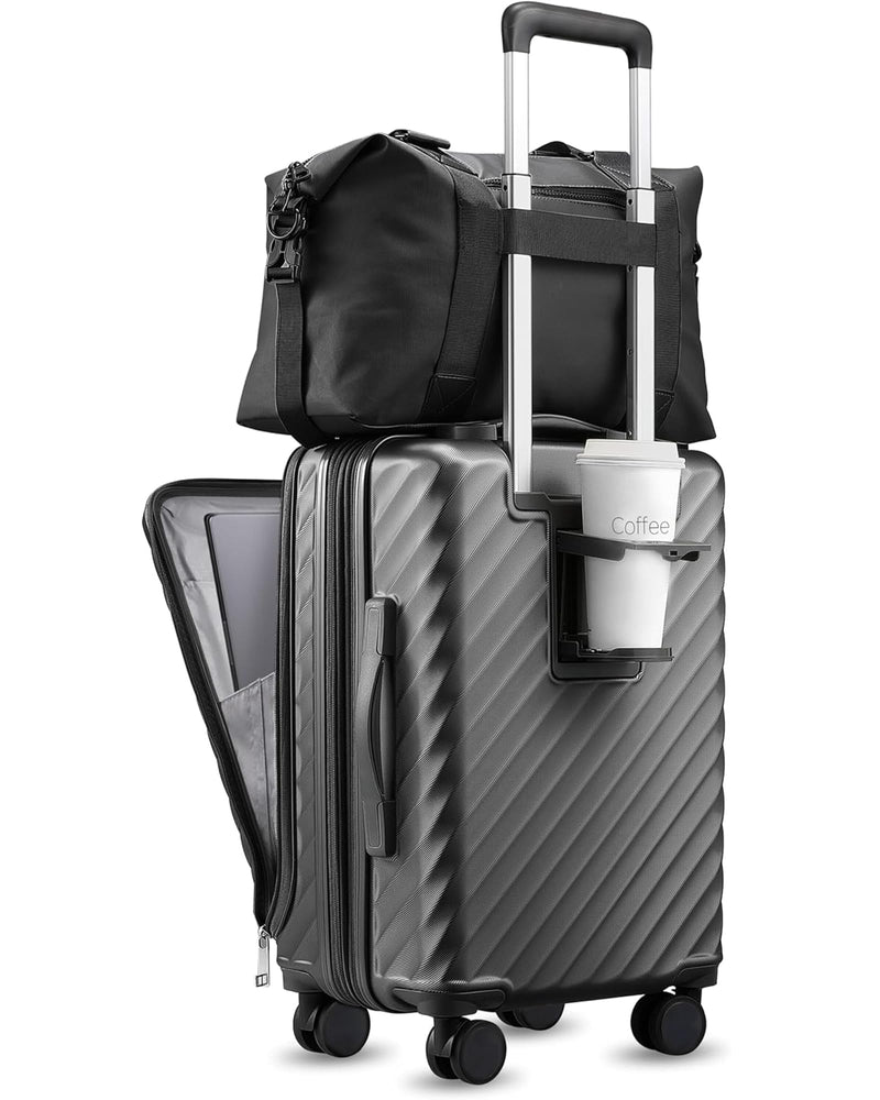 Carry On Luggage with Front Compartment and Cup Holder, KVF Expandable PC Hard Shell Suitcase with Front Pocket (FX-Plus, Gunmetal, 2-Piece (20/Tote))