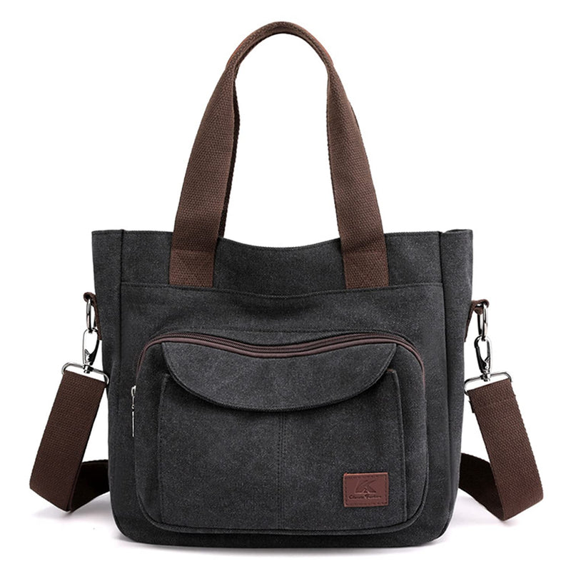 Women's Canvas Top Handle Handbag Stylish Multi-pocket Shoulder Tote Purse Work Crossbody Bags (Black) One Size