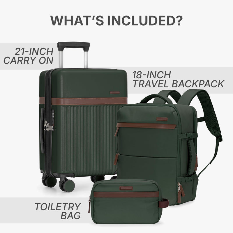 U.S. Traveler Vista Way 3-Piece Travel Set, 21-Inch Carry-on Hardside with TSA Lock, 18-Inch Travel Backpack with Laptop Sleeve, Toiletry Bag, Green