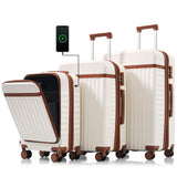 Hardshell Luggage, Lightweight Suitcase with Spinner Wheels, WHITE BROWN+USB