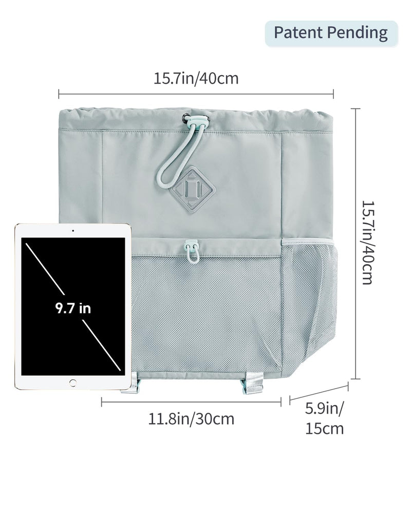 WANDF Drawstring Backpack for Women, Lightweight Gym Bag with Yoga Mat Strap, Water-Resistant String Backpack with Mesh Pocket (Grey, Patent Pending)