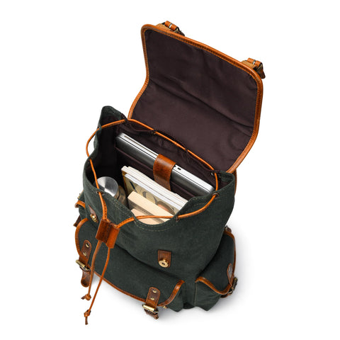 NATURAHIDE Leather Canvas Backpack Durable Vintage Large Travel Laptop Bag for Men & Women Work Hiking School (Oily Green)