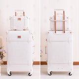 urecity Vintage Luggage Set, 2 Piece Retro Leather Suitcase for Women, Travel Luggage with Spinner Wheels and Beauty Case, Cute Designer Trunk Luggage (Rose White, 20"+12")