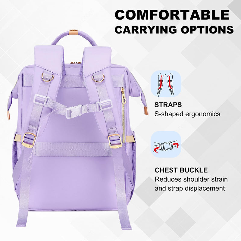 Lunch Backpack, 15.6 inch Laptop Backpack with Insulated Lunch Bag, Backpack Cooler for Women, Large Travel Backpack Lunch Box Compartment, Work Computer Backpack, Teacher College Book Bag, Purple