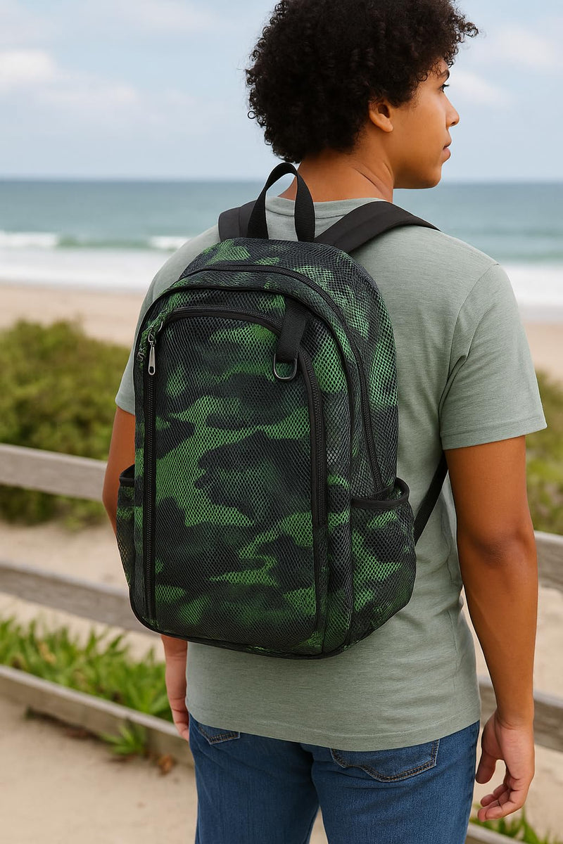 Eastsport Gym Mesh Backpack See Through Semi Transparent with Adjustable Straps for Work, Travel, Security, Swimming and Beach - Camo/Black
