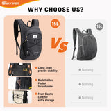 SKYSPER 15L Foldable Hiking Backpack Lightweight Packable Travel Daypack with Chest Strap Small Outdoor Folding Back Pack Collapsible Bag for Women Men (Black)