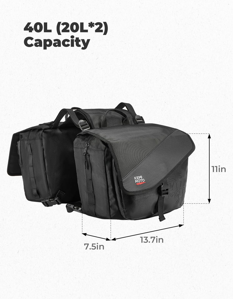 KEMIMOTO Motorcycle Saddlebags, 40L(20Lx2) Large Capacity Detachable Side Saddle Bags Motorcycle Panniers Bags with Protective Cover Universal Luggage Bag, Black