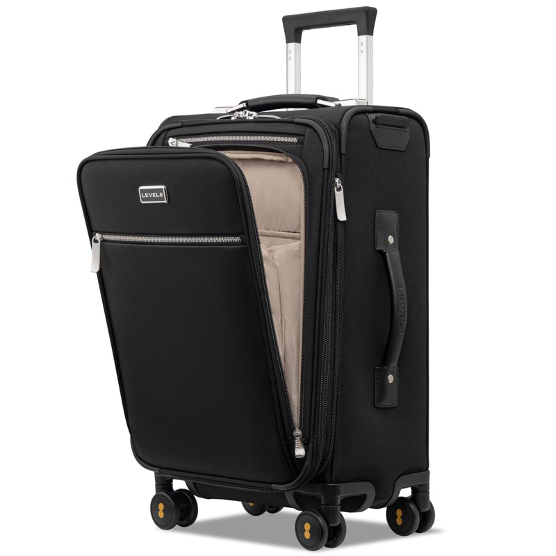 LEVEL8 Carry On Luggage with Compartment, 20 Inch Softside Expandable Travel Suitcase with Spinner Wheels, Top Opening Luggage, Men and Women, Black