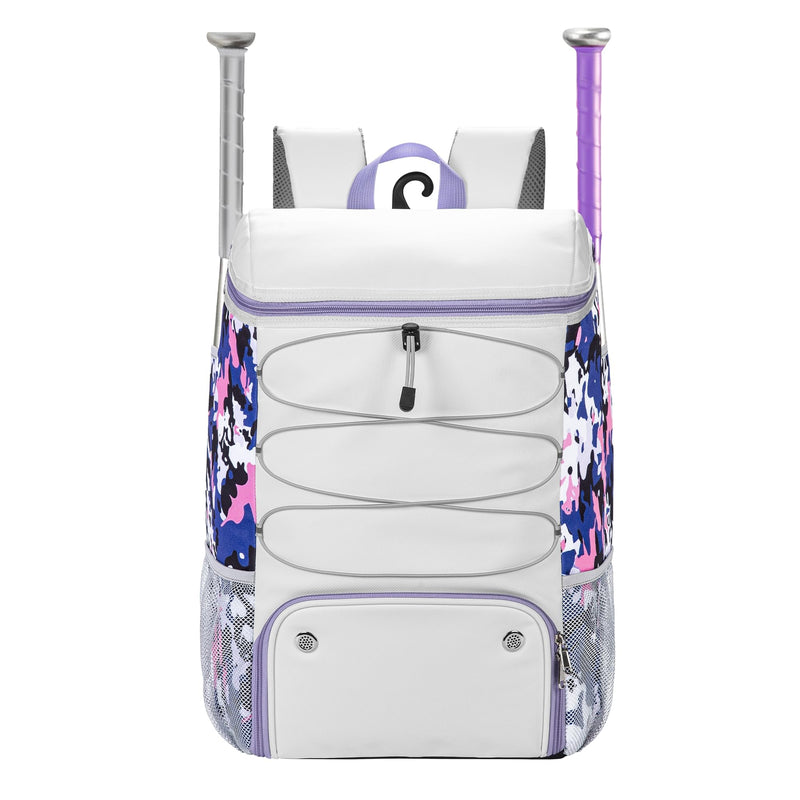 Softball Bag for Girls White, Large Baseball Bat Bag with Shoe Compartment for Youth Adult Women Catchers, T Ball Must Haves Equipment Backpack for Basketball Soccer Sports Gift (White+Camouflage)