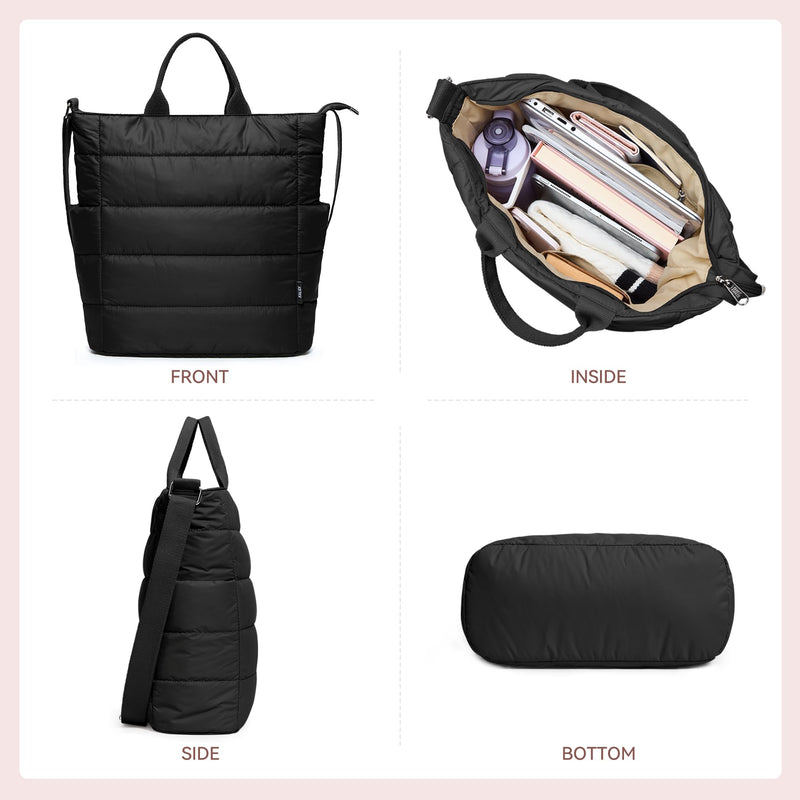 KALIDI Quilted Tote Bag, Puffer Hobo Bag Anti Splash Crossbody Zipper Gym Bag Large Casual Travel Work Daily Women, Black