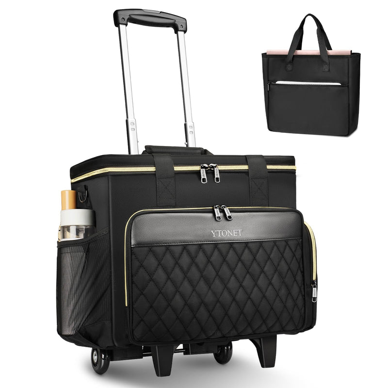 Ytonet Rolling Teacher Bag, 15.6 Inch Rolling Laptop Bag with Detachable Dolly & File Teacher Tote, Large Roller Briefcase for Women Teaching Office Work Craft Nurse, Black
