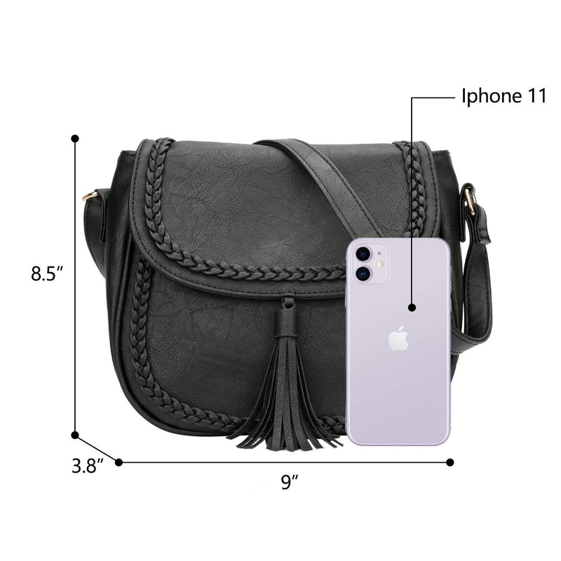 KKXIU Casual Flap Saddle Crossbody Bags for Women Small Handbags PU Leather Shoulder Bag Purse with Tassel (Z-Black)