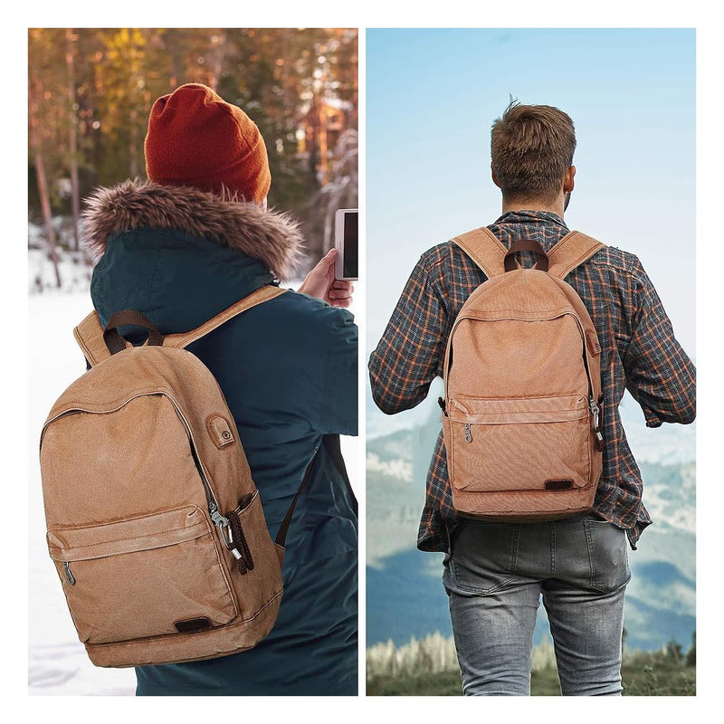 Muzze Canvas Backpack for Women and Men, Lightweight Classic Laptop Backpack with USB Charging Port for School, Travel and Daily Use, Khaki