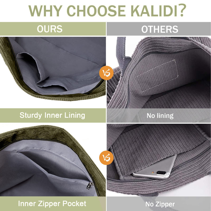 KALIDI Corduroy Tote Bag, Large Messenger Bag Shoulder Hobo Anti Splash Crossbody Zipper Bag Casual Work Shopping Women Dark Green