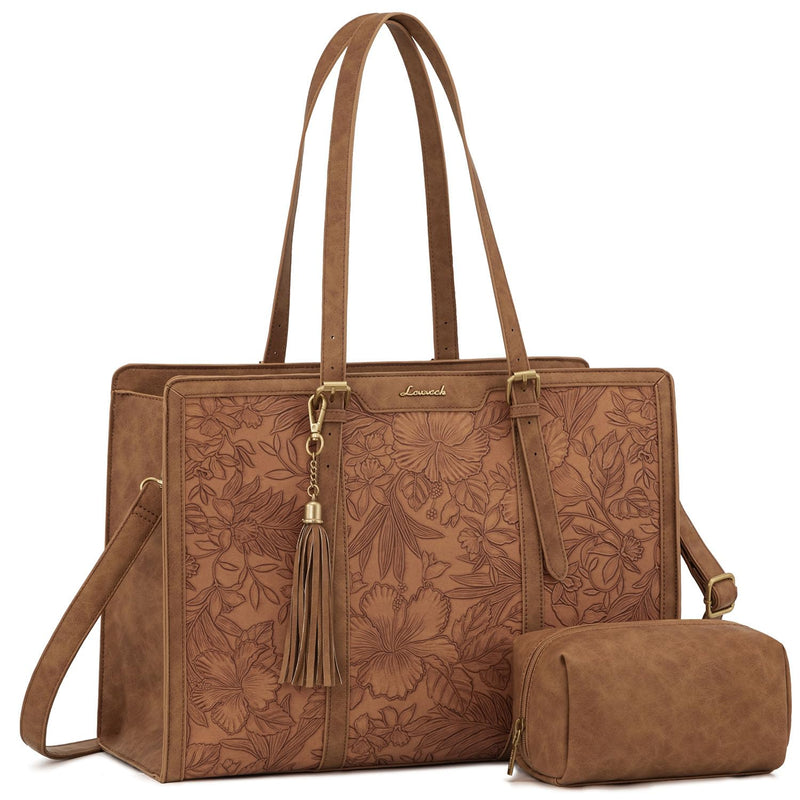 LOVEVOOK Laptop Bag for Women Vintage Leather Work Tote 15.6 inch Large Capacity Computer bag with Clutch Purse for Office, Travel, Casual