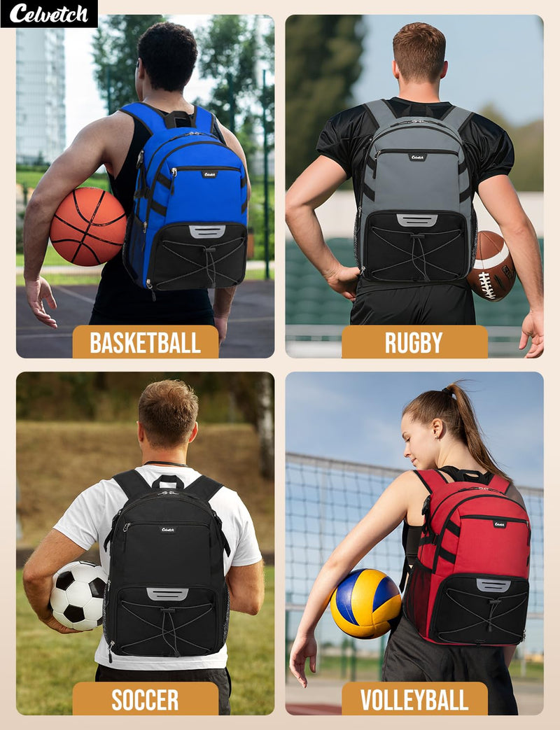 Celvetch Basketball Backpack with Shoe Compartment Large Basketball Bag with Ball Holder for Men Women Gym Backpack fit Volleyball Football for Sports Travel Gym - Black