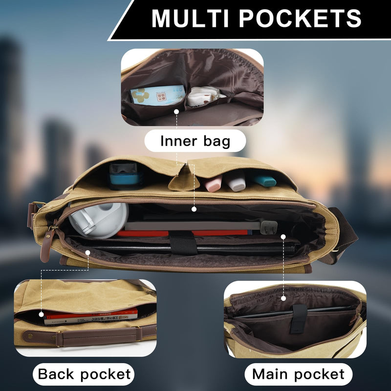 Vintage Men's Messenger Bag Laptop Briefcase – Canvas Satchel Bag for Work, Travel & Business – Multi-Pocket Crossbody Bag with Adjustable Strap– Gift for Him
