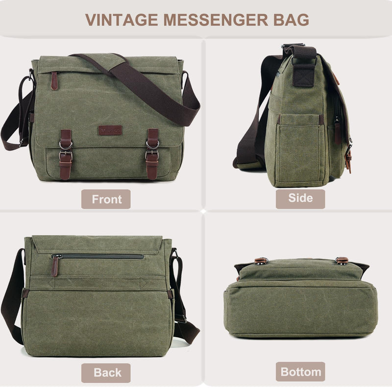 Canvas Messenger Bag for Men Women,Travel Satchel Shoulder bag 15.6 Inch Laptop Bags Business(Green-Upgrade)